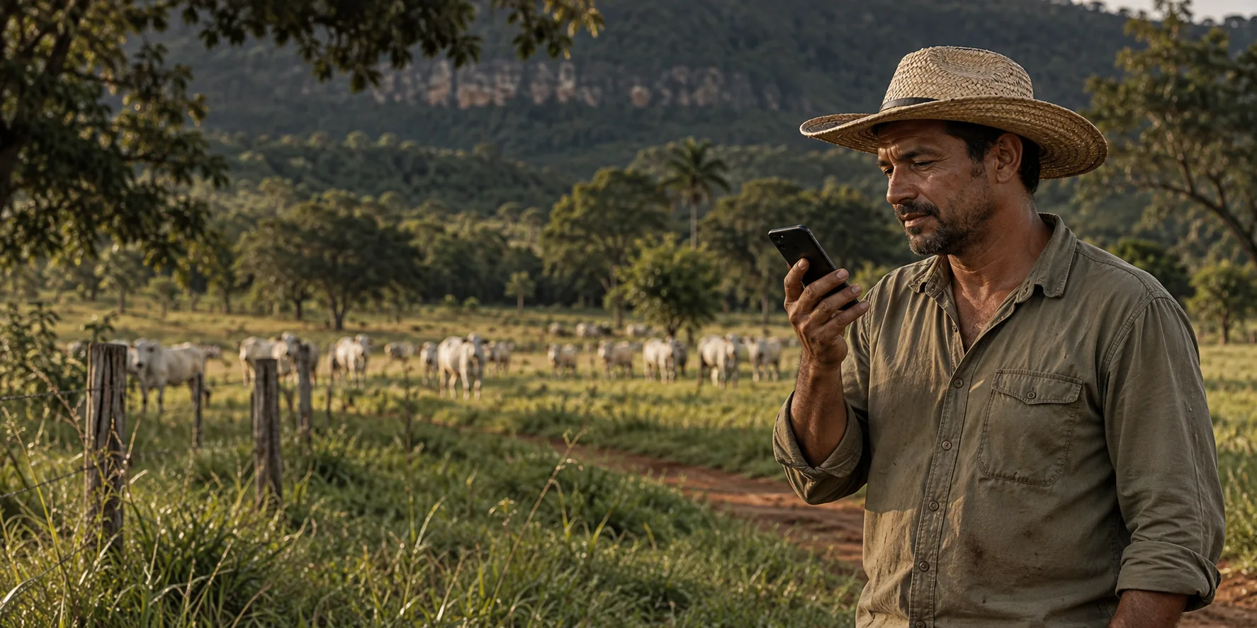 Produtor rural segurando o celular para falar, com o rebanho no pasto ao fundo